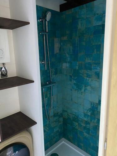 La salle de bains est pourvue d'une douche et d'un mur carrelé bleu. dans l'établissement Tiny house des cyclamens St André sur Orne, à Saint-AndrÃ©-sur-Orne