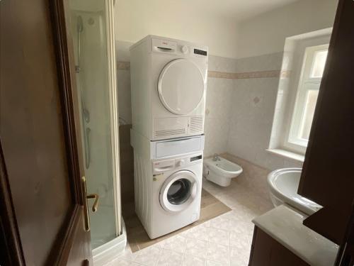ein Badezimmer mit Waschmaschine und Toilette in der Unterkunft Ciasa Larese, between the lake and the Dolomites in Auronzo di Cadore