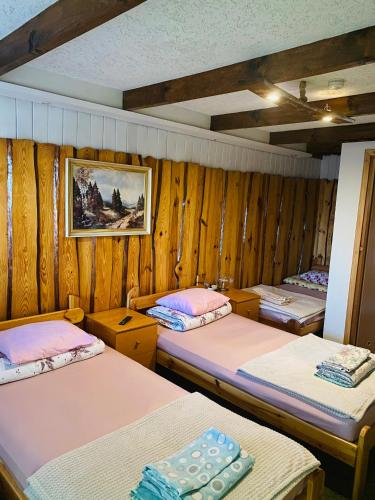 three beds in a room with wooden walls at Sosenka in Zalas