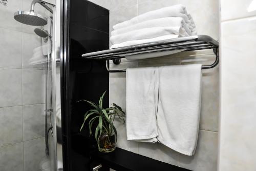 a pile of towels on a rack in a bathroom at The Beehive in Male City