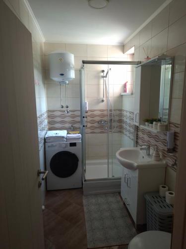 トゥズラにあるApartman IDEA Tuzlaのシャワーと洗面台付きのバスルーム