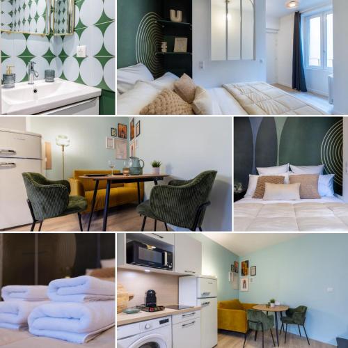 un collage de photos d'une chambre d'hôtel dans l'établissement La Suite St-André - T2 Art Déco - Centre ville, à Clermont-Ferrand