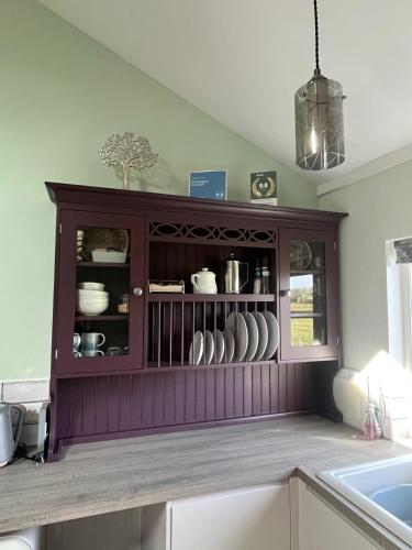 a purple cabinet with dishes in it in a kitchen at The Snuggery Broadclyst in Exeter