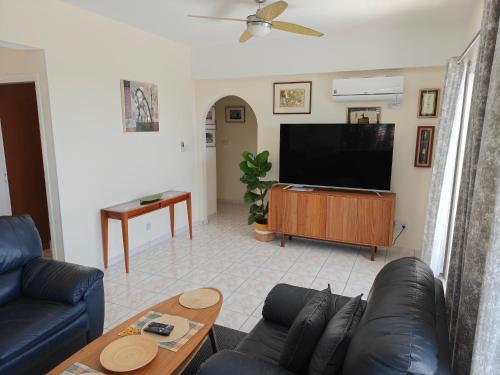 a living room with a couch and a flat screen tv at Villa Best Holiday- breathtaking sea views, amazing garden, private pool, BBQ, next to CORAL BAY, Lower Peyia, Paphos in Peyia