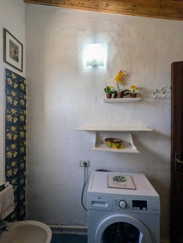 a small bathroom with a washing machine in it at Salina Holiday Home in Calasetta
