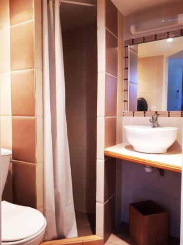 une salle de bain avec un lavabo, des toilettes et un miroir dans l'établissement La Tiny House YourHostHelper, à Narbonne