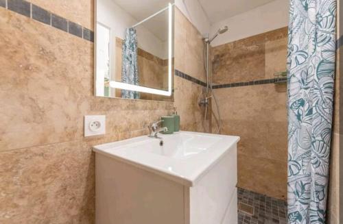 une salle de bains avec un lavabo blanc et un miroir dans l'établissement BBQ-terrasse Ombragée-proche hypercentre, à Toulon