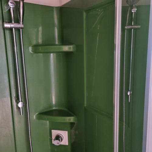 - une salle de bains verte pourvue de toilettes avec un mur vert dans l'établissement mobilhome au domaine des iscles emplacement 137, à La Roque-dʼAnthéron