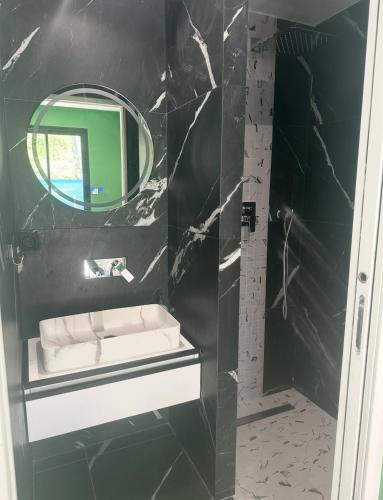 une salle de bain avec un miroir et un lavabo dans l'établissement New Architect-Designed Villa, à Champs-sur-Marne