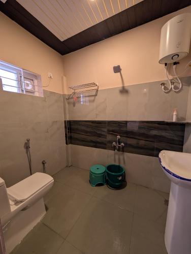 a bathroom with a white toilet and a sink at Chandana green view resort Hampi in Gangāwati