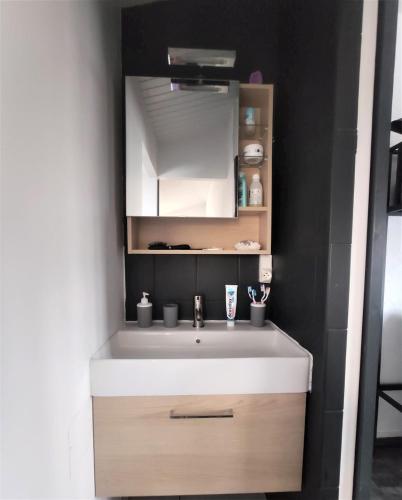 une salle de bain avec un lavabo et un miroir dans l'établissement Maison La Tranche sur Mer - 500m de la plage - 4-5 personnes, à La Tranche-sur-Mer