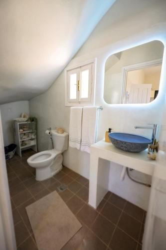 a bathroom with a toilet and a sink and a mirror at Maria's Private Residence in Kalymnos