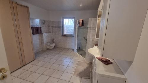 Un baño con ducha, inodoro y lavabo. en Sophies Ferienwohnung - Urlaub im Alten Land mit bis zu 6 Personen, en Jork