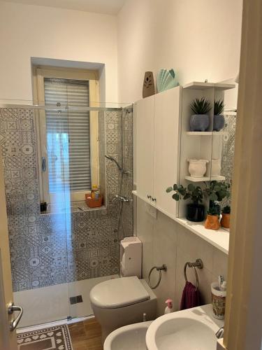 a bathroom with a shower and a toilet and a sink at Gallipoli Dragonfly Inn - Appartamento in Gallipoli