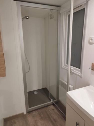 une douche avec une porte vitrée dans une salle de bain dans l'établissement Mobilhome élégance, à Valras-Plage