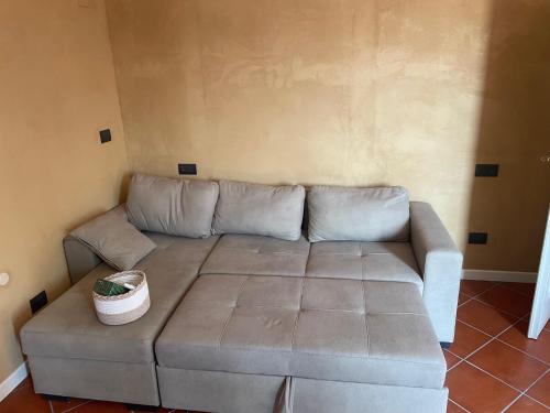 a couch in a living room with a plant at Campagna Cremasca-A/C-Wi Fi-Tasting vini top all in Crema