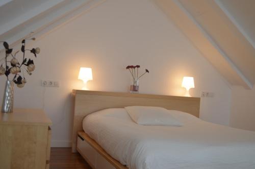 a bedroom with a white bed with two lamps at Apartamentos Coronado in Málaga