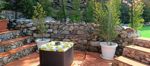 a bench in a garden with two potted plants at La Pace in Savoca 