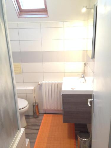 une salle de bain avec un lavabo et des toilettes dans l'établissement Les Coquillages, à Trégastel