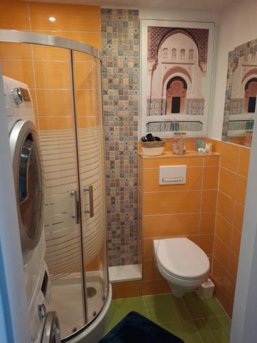 a bathroom with a toilet and a glass shower at Apartament Dziesiątka in Bolesławiec