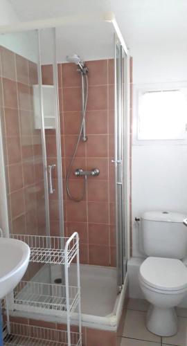 une salle de bain avec une douche avec des toilettes et un lavabo dans l'établissement Charmantes Ferienhäuschen in Strandnähe, à Gruissan