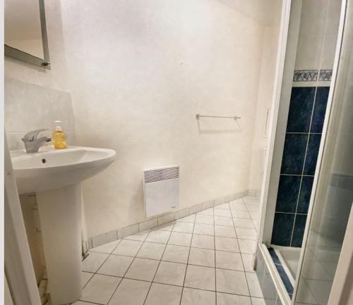 une salle de bain blanche avec un lavabo et une douche dans l'établissement Toison avec piscine, à Dijon