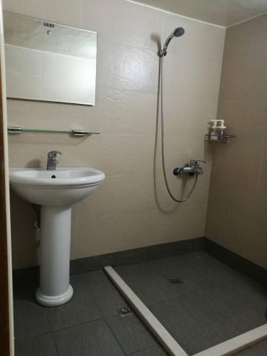 a bathroom with a sink and a shower at 隔壁棟 in Hsinchu City