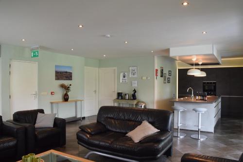 a living room with two leather couches and a kitchen at La Bordure de la Forêt in Sourbrodt