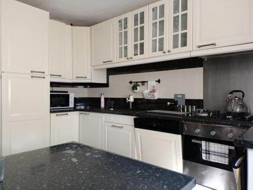 une cuisine avec des armoires blanches et des comptoirs noirs dans l'établissement Stockholm, à Rennes