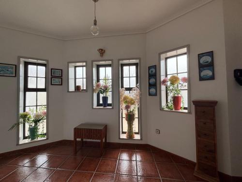 a room with windows with flowers in them at Casa Sampaio e Melo in Gafanha da Nazaré