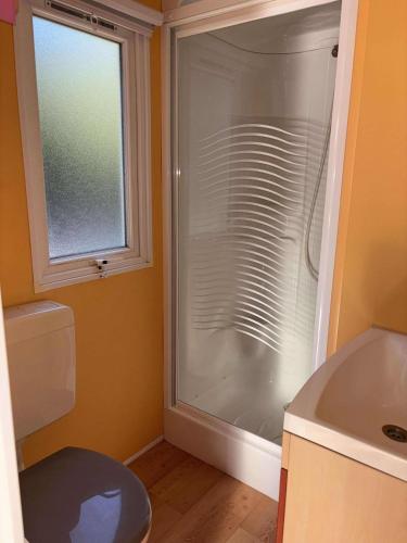 une salle de bain avec une douche, des toilettes et un lavabo dans l'établissement Mobil-home 2 personnes climatisé, à Orgnac-lʼAven