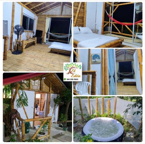 a collage of photos with a bed and a room at El Eden Glamping cabañas Girardot in Girardot