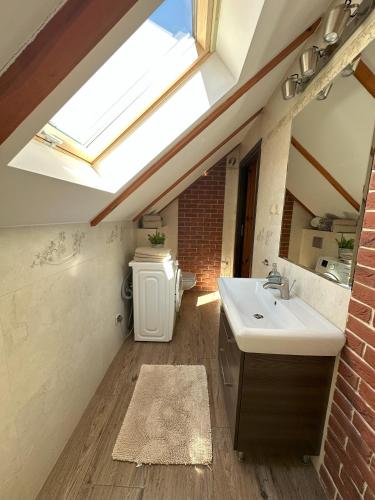 a bathroom with a sink and a skylight at Ostoja Jeziorak Jezierzyce in Makowo