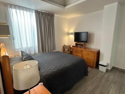 a hotel room with a bed and a flat screen tv at Suites Arquimedes 33 in Mexico City