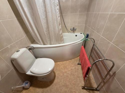 a bathroom with a toilet and a bath tub with a shower at A Private room in Ramsgate in Ramsgate