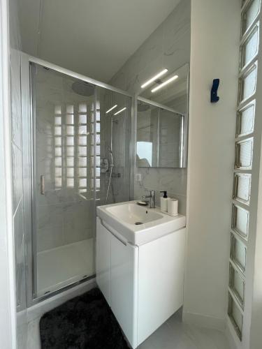 une salle de bain blanche avec un lavabo et une douche dans l'établissement Charmant appartement face à la mer, à Saint-Palais-sur-Mer