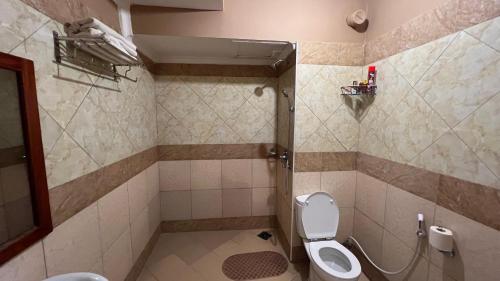 a bathroom with a toilet and a sink at Lush Garden Hostel in Arusha