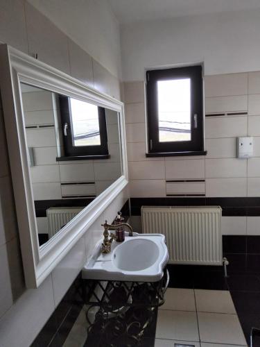 a bathroom with a sink and a mirror at Pensiunea CASA MOLDOVEANA in Piatra Neamţ