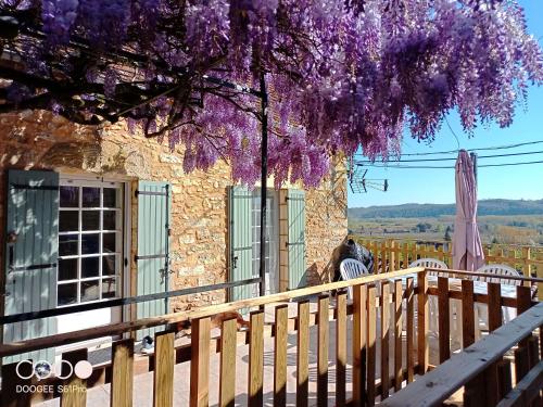 un arbre aux fleurs violettes suspendu au-dessus d'une clôture en bois dans l'établissement Maison Les Glycines, à La Roque-Gageac