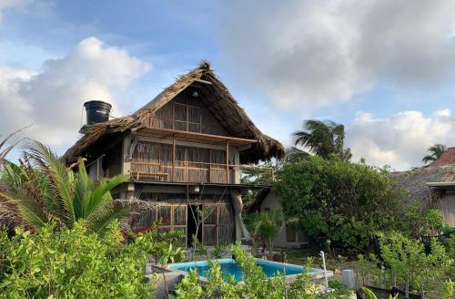 a house with a thatched roof and a pool at Serenity Home in San Bernardo del Viento