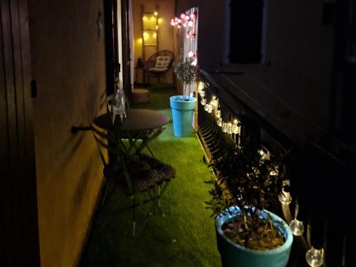a balcony with two potted plants and lights at Acquadolce in Salò