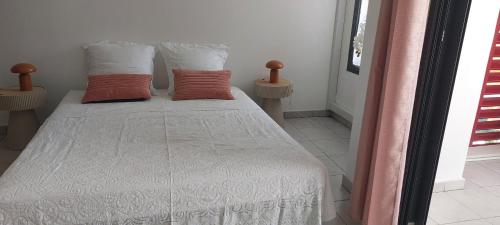 a bedroom with a white bed with two red pillows at Studio du Grand Sud in Saint-Pierre