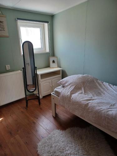 a bedroom with a bed and a mirror and a window at Bungalow net buiten Zuidwolde in Zuidwolde