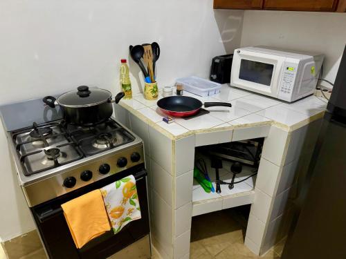 a small kitchen with a stove and a microwave at Hostal Inn 1 in Flores