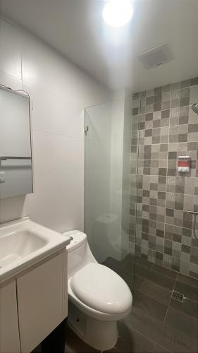 a bathroom with a toilet and a sink and a shower at Hotel Boutique Brisas Colonial in Santo Domingo