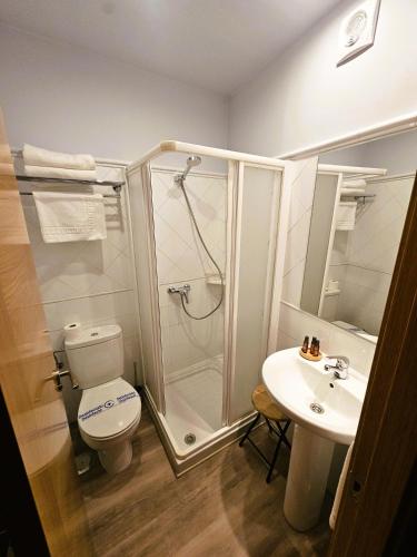 a bathroom with a shower and a toilet and a sink at El Campillo in Cudillero