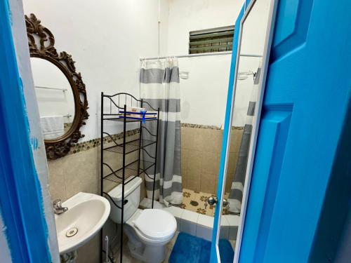 フローレスにあるHostal Inn 1のトイレ、洗面台、鏡を備えたバスルーム