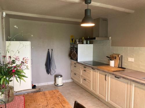 une cuisine avec un réfrigérateur et une table à l'intérieur dans l'établissement Quelquepart au vert 2, à Saint-Christol-de-Rodières