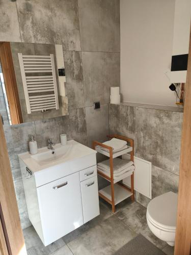 a bathroom with a white sink and a toilet at Apartamenty Wisła Lipowa 16-4B in Wisła