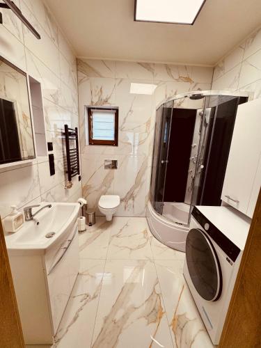 a bathroom with a sink and a shower and a toilet at Widokówka Kudłacze Domek z Jacuzzi in Pcim